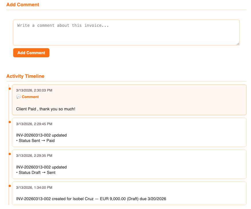 Invoice activity log and comments screenshot