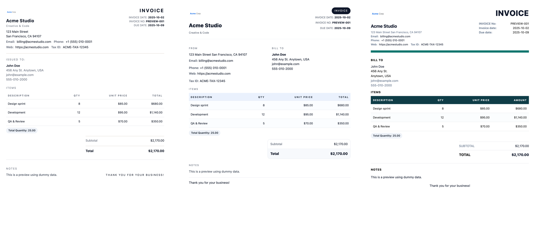 Invoice templates screenshot